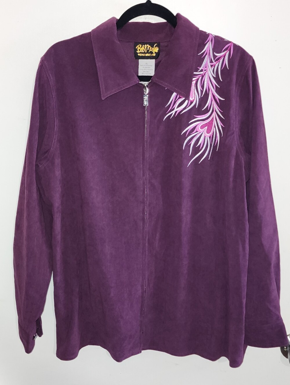 Bob Mackie Vintage Purple Faux Suede Zip-Front Jacket Pink Embroidered Phoenix